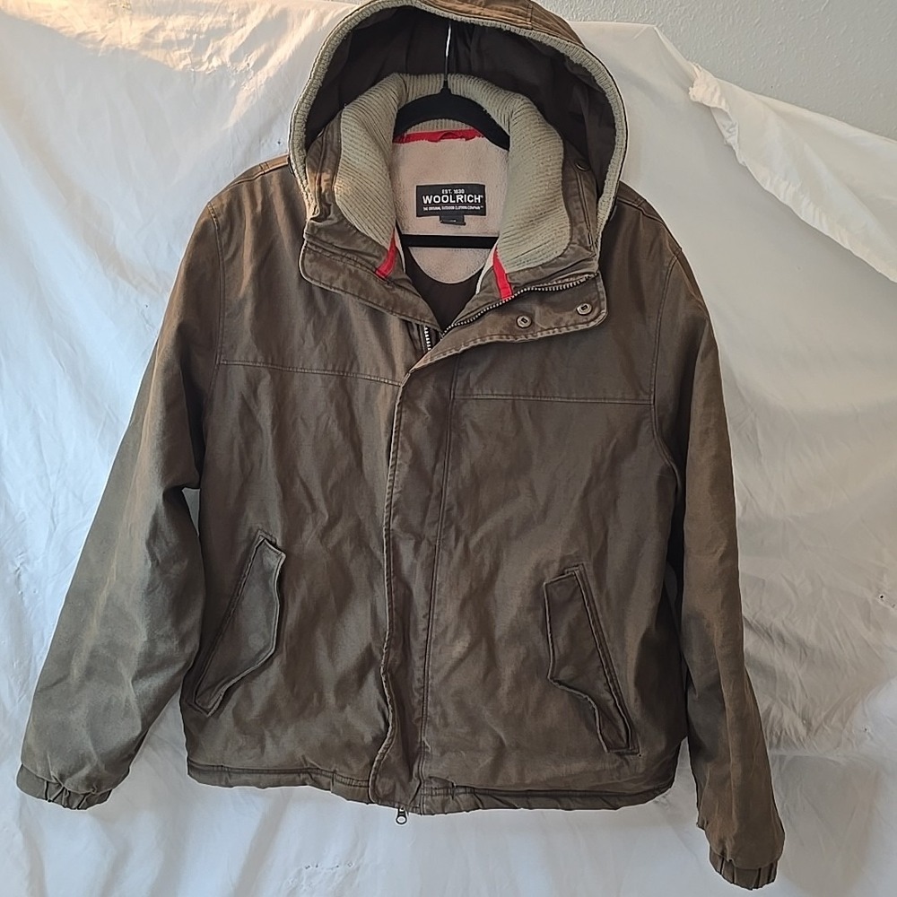 Woolrich Canvas Chore Barn Jacket Coat Hooded Fleece-lined Mens M Brown‎